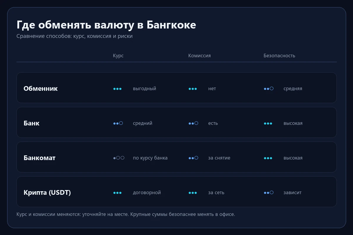 Сравнение способов обмена валюты в Бангкоке: обменник, банк, банкомат и крипта